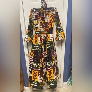 Cultural African Boho Multicolor Bell Sleeve Smock Maxi Dress Pockets One Size